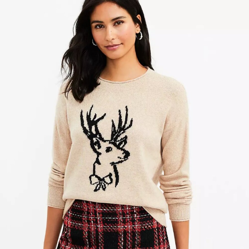 LOFT Cream Sweater with Black Deer With Bow Design Cotton Blend XL